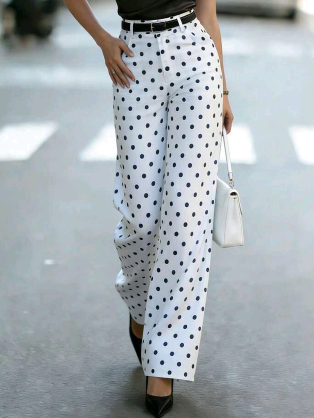 Women's Black & White Polka Dot High Waist Wide Leg Pants, Vintage Style